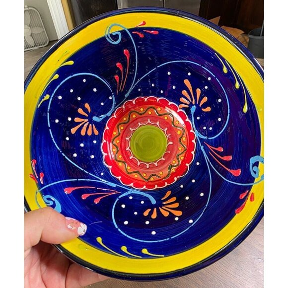 Hand-Painted Ceramic Bowl From Spain With Vibrant Blue Orange & Yellow Patterns - Picture 2 of 16